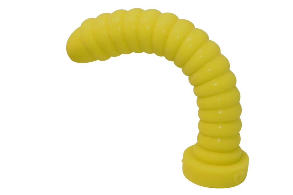 Anal Explorer in Lemon Yellow, bending slightly more than 90 degrees to the left. Although this toy is long, is it flexible even in larger sizes.