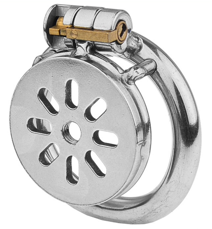 Front profile of metal chastity cage. The front features a star-like pattern to allow fluids to move freely.