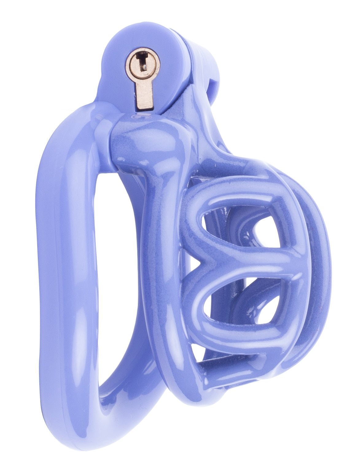 Side profile of the LYFY chastity cage, in Lilac.