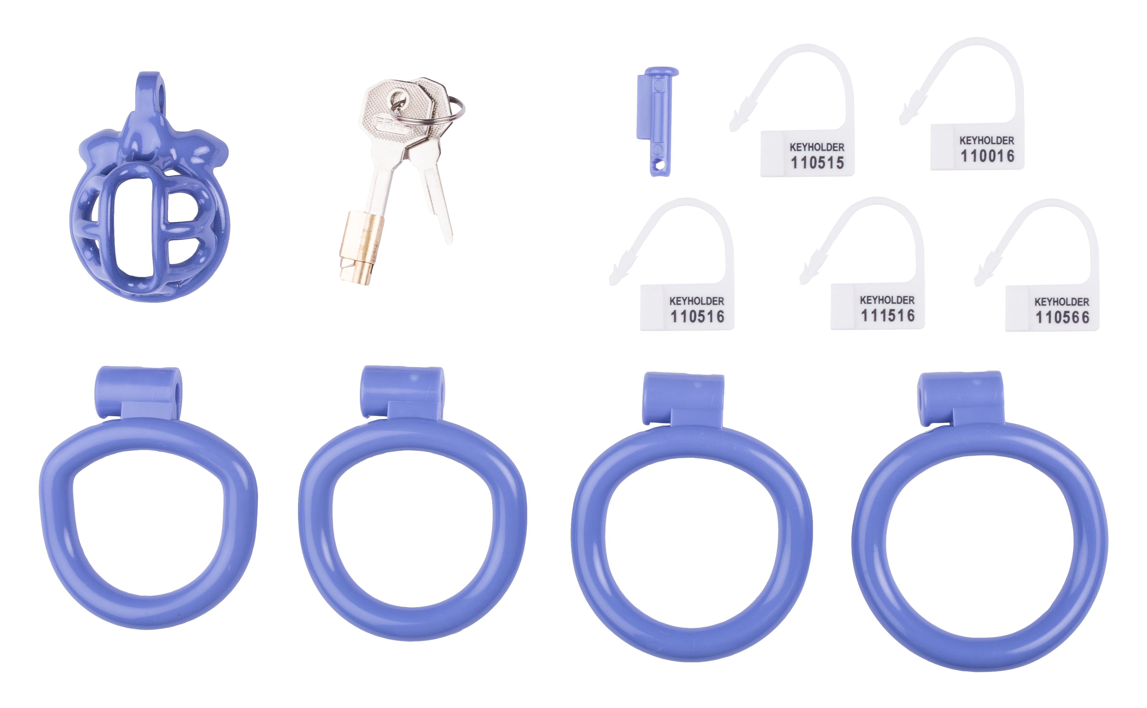 In the box: LYFY Lilac chastity cage, two keys, a locking pin, numbered padlocks, and four sizes of holding rings.