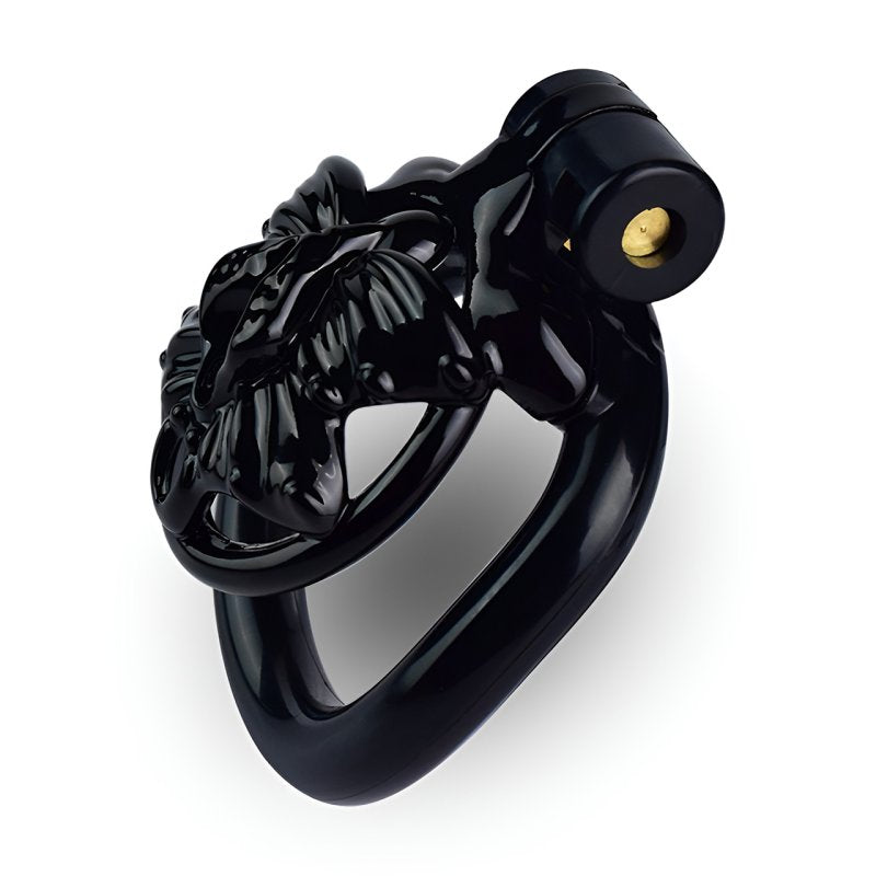 Side view of the SISSY Butterfly chastity cage in Black, with an open vulva design and butterfly wings.