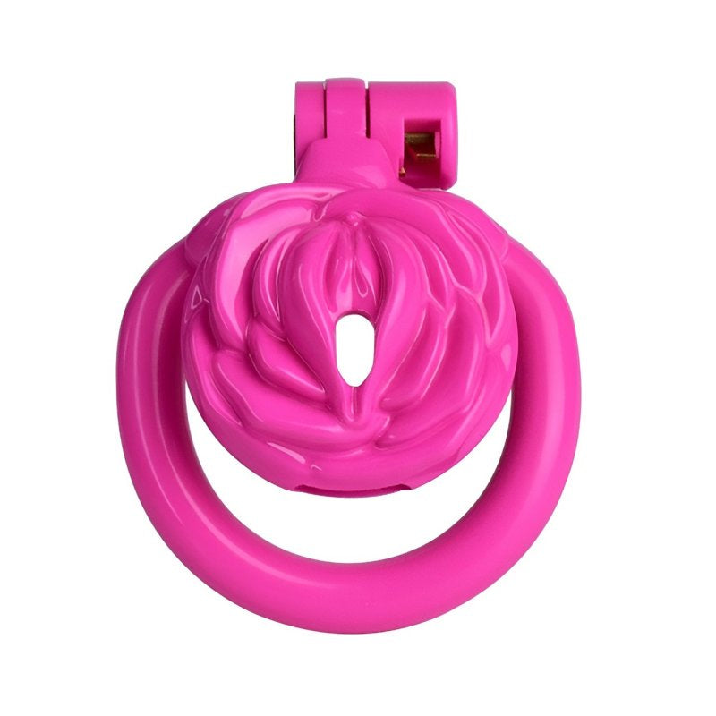 Chastity cage, in hot pink, featuring a rose design.