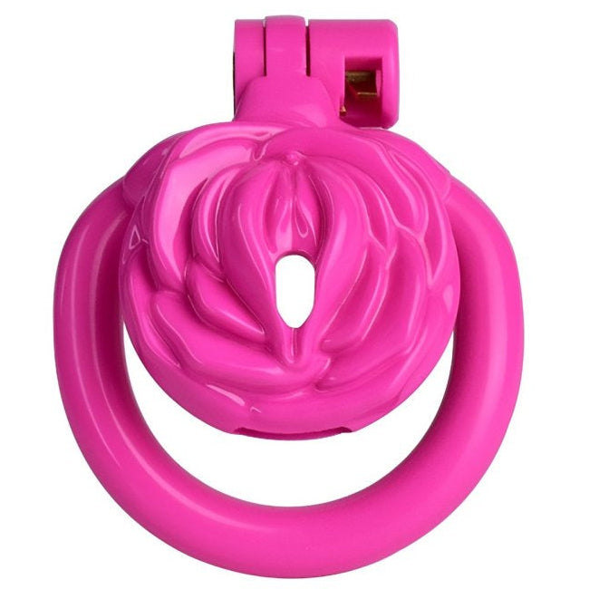 Chastity cage, in hot pink, featuring a rose design.