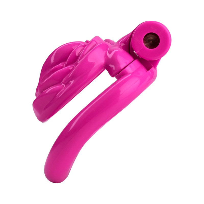 Side profile of the hot pink chastity cage.