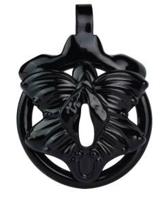 Front view of the SISSY Butterfly chastity cage in Black, with an open vulva design and butterfly wings.