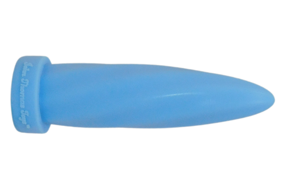 Sideways American Twist, in Pastel Blue. Toy is shaped similarly to a bullet.