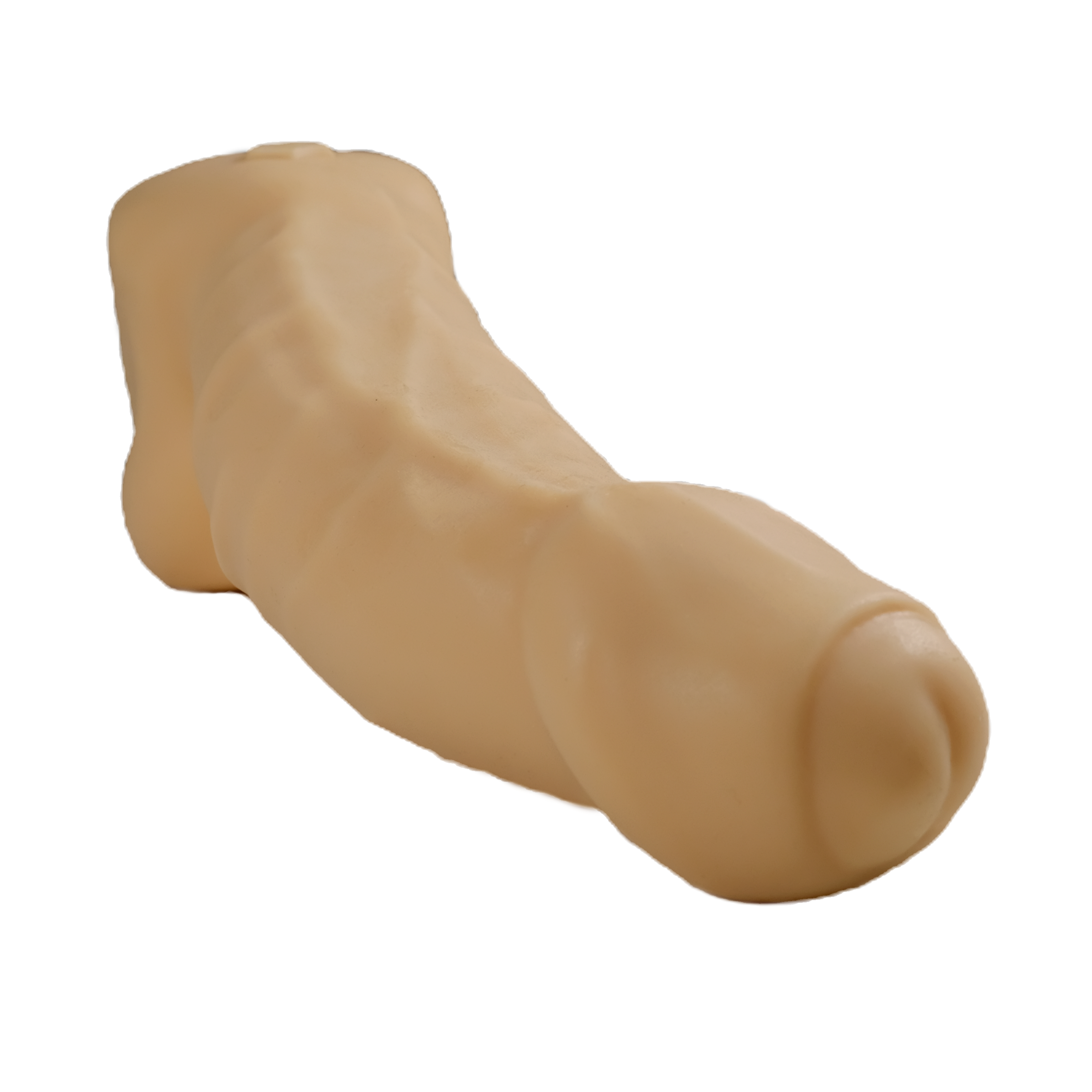 Close-up of the head, on Naked Almond. Foreskin is partially retracted, revealing the tip.