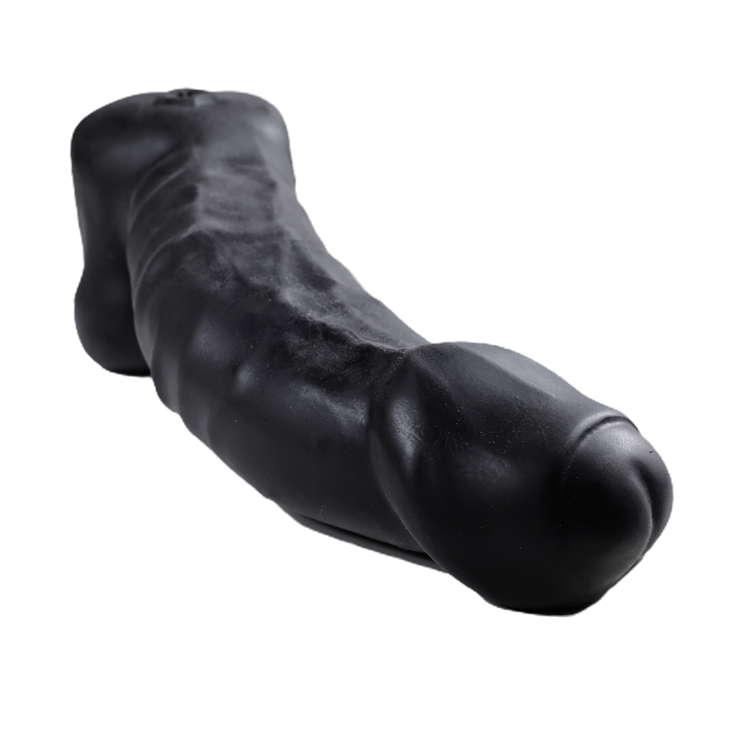 Close-up of the head, on Black. Foreskin is partially retracted, revealing the tip.