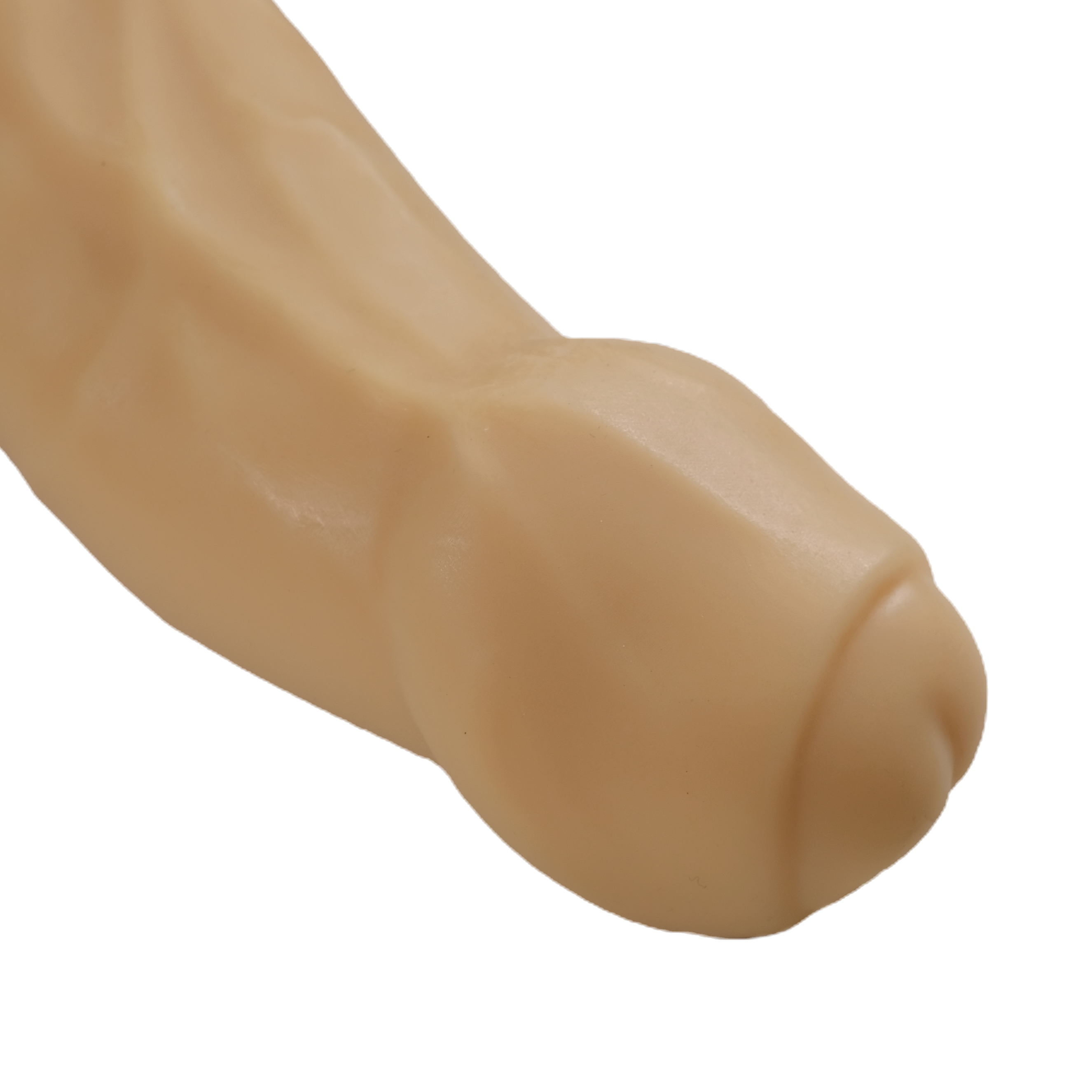 Close-up of the head, on Naked Almond. Foreskin is partially retracted, revealing the tip.