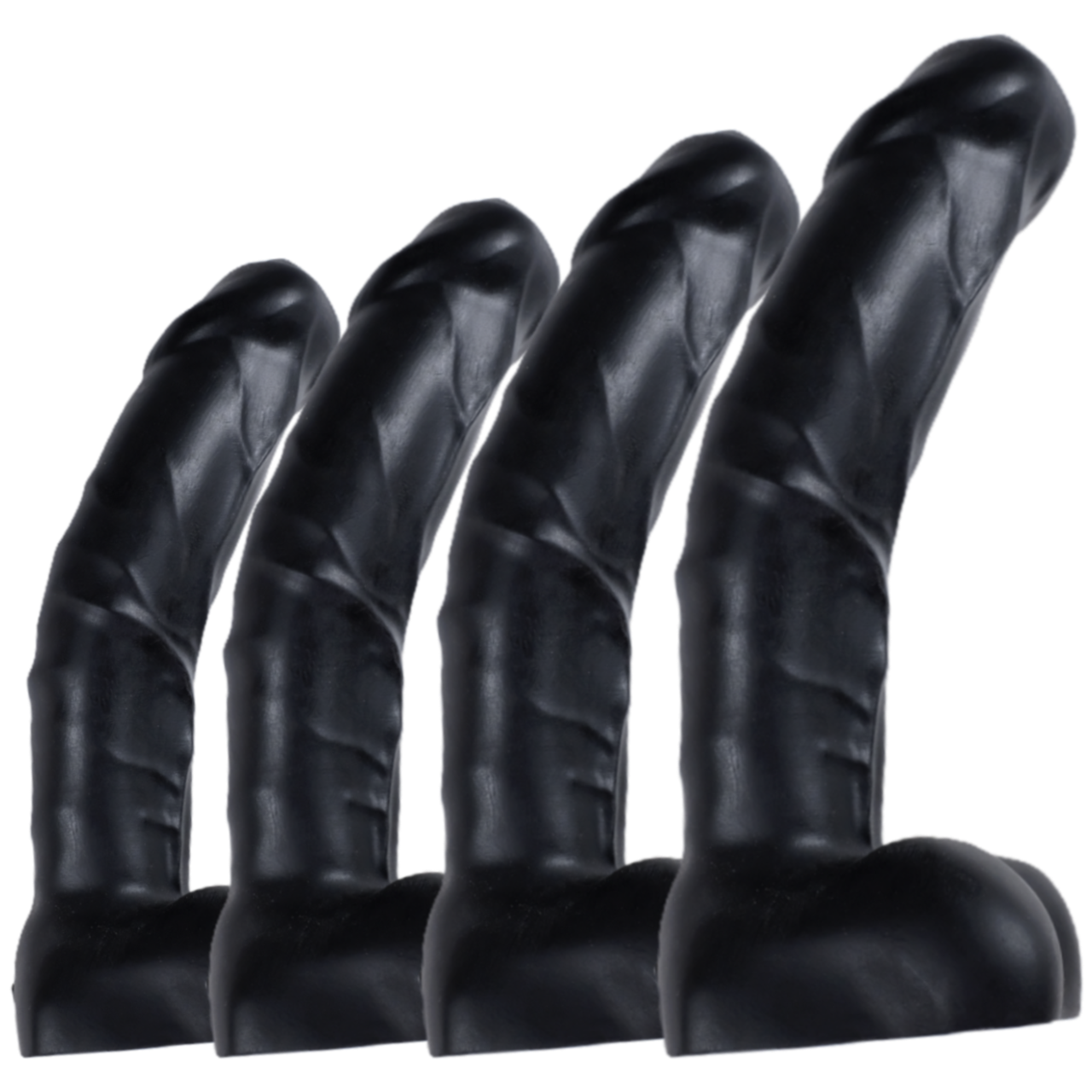 A comparison of the four available sizes of Alpha Male, in Black.
It is a realistic penis, with thick veins along the shaft, large balls and a foreskin. Please note that although this toy is realistic, it is a very big toy!