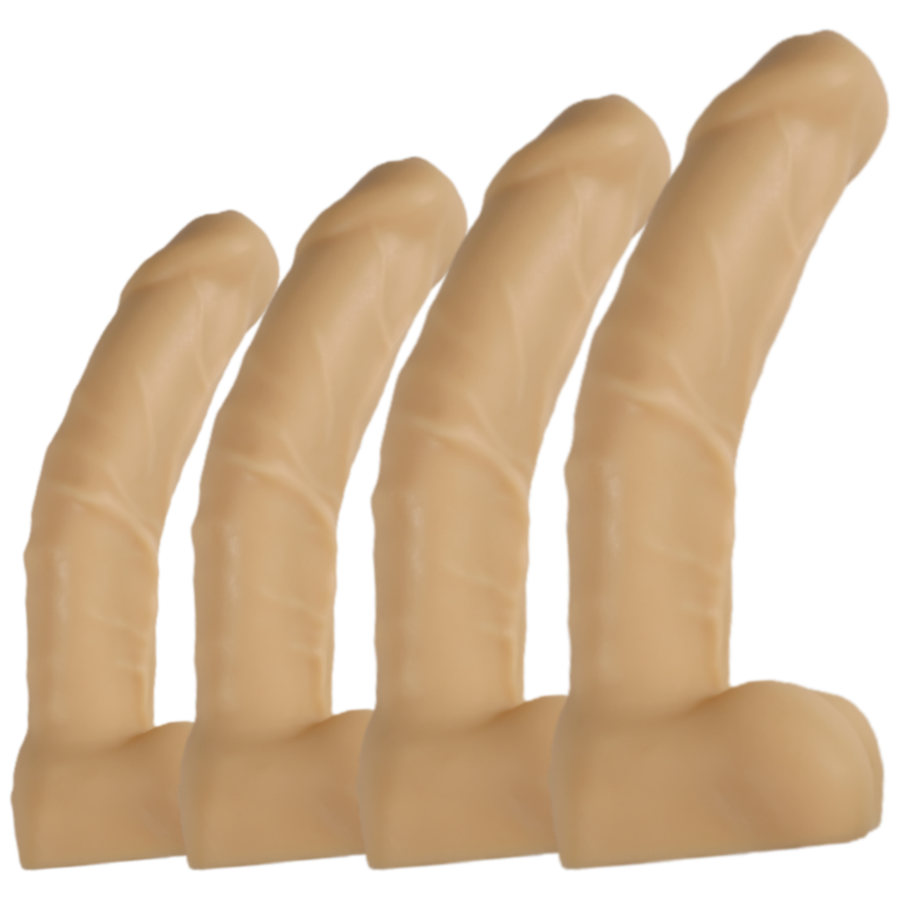 A comparison of the four available sizes of Alpha Male, in Naked Almond.
It is a realistic penis, with thick veins along the shaft, large balls and a foreskin. Please note that although this toy is realistic, it is a very big toy!