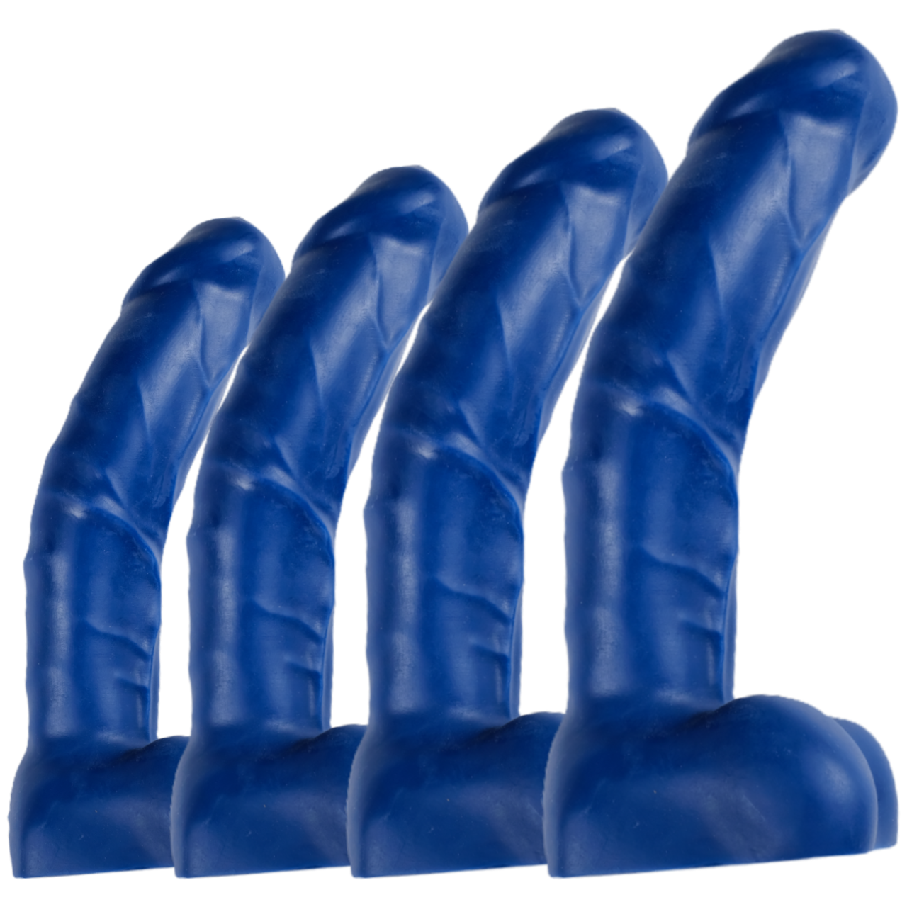 A comparison of the four available sizes of Alpha Male, in Blue.
It is a realistic penis, with thick veins along the shaft, large balls and a foreskin. Please note that although this toy is realistic, it is a very big toy!
