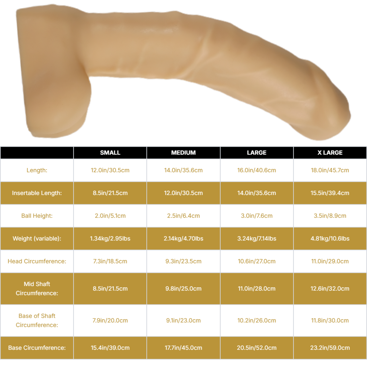 Sizing graph. Dimensions can be found in the "Dimensions" section below.