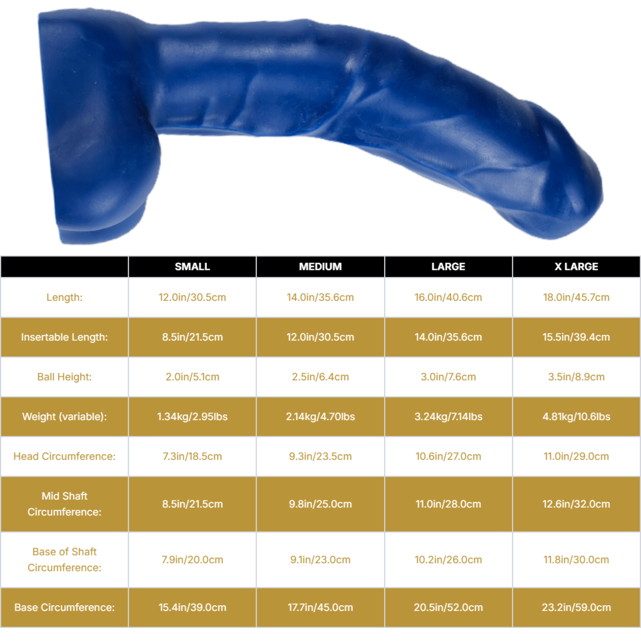 Sizing graph. Dimensions can be found in the "Dimensions" section below.