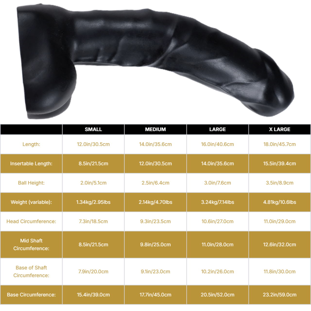 Sizing graph. Dimensions can be found in the "Dimensions" section below.
