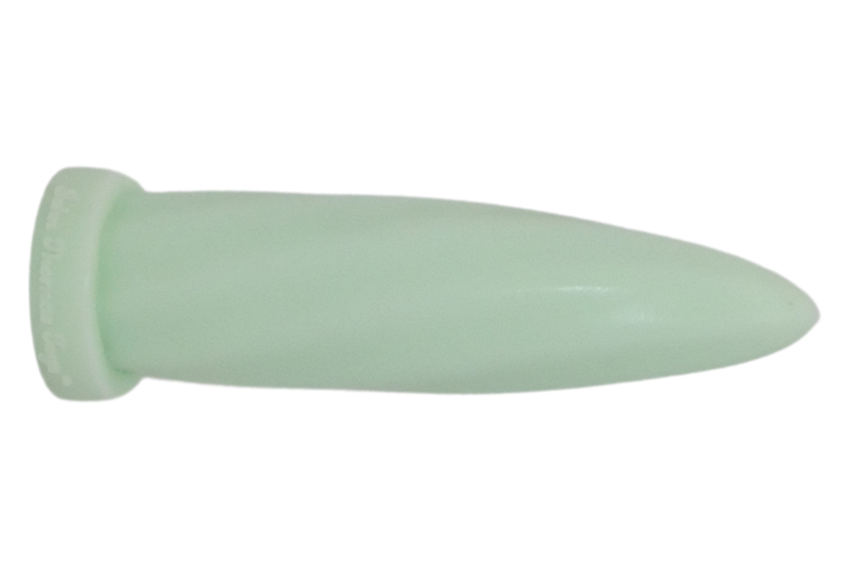 Sideways American Twist, in Pastel Green. Toy is shaped similarly to a bullet.