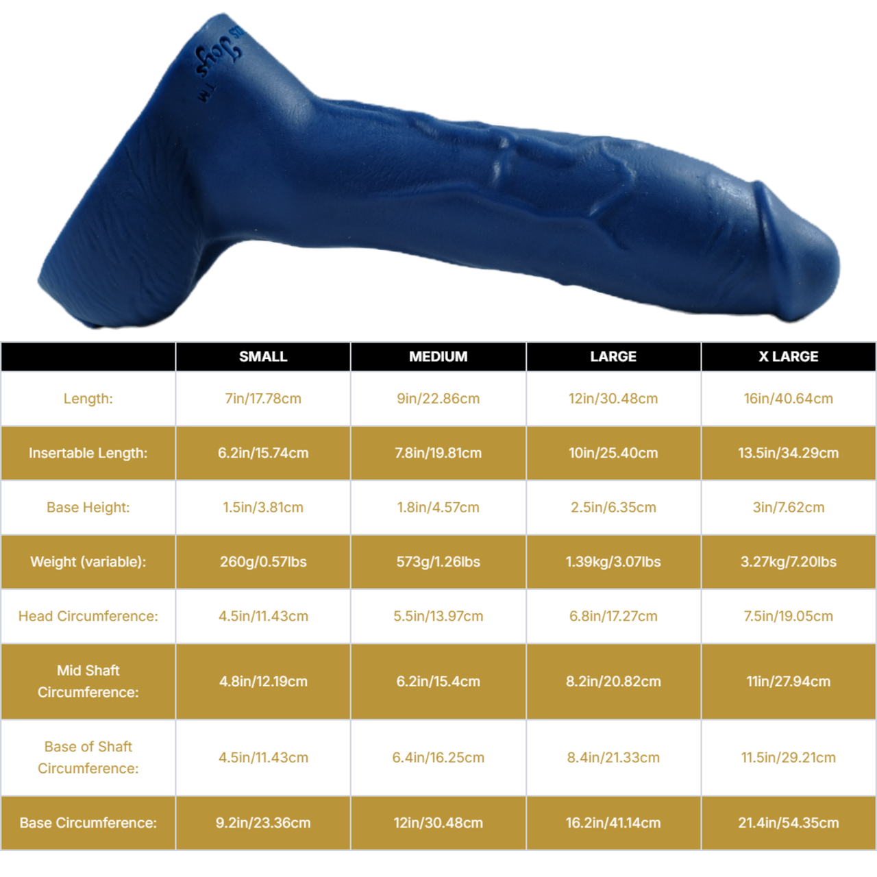 Sizing graph. Dimensions can be found in the "Dimensions" section below.