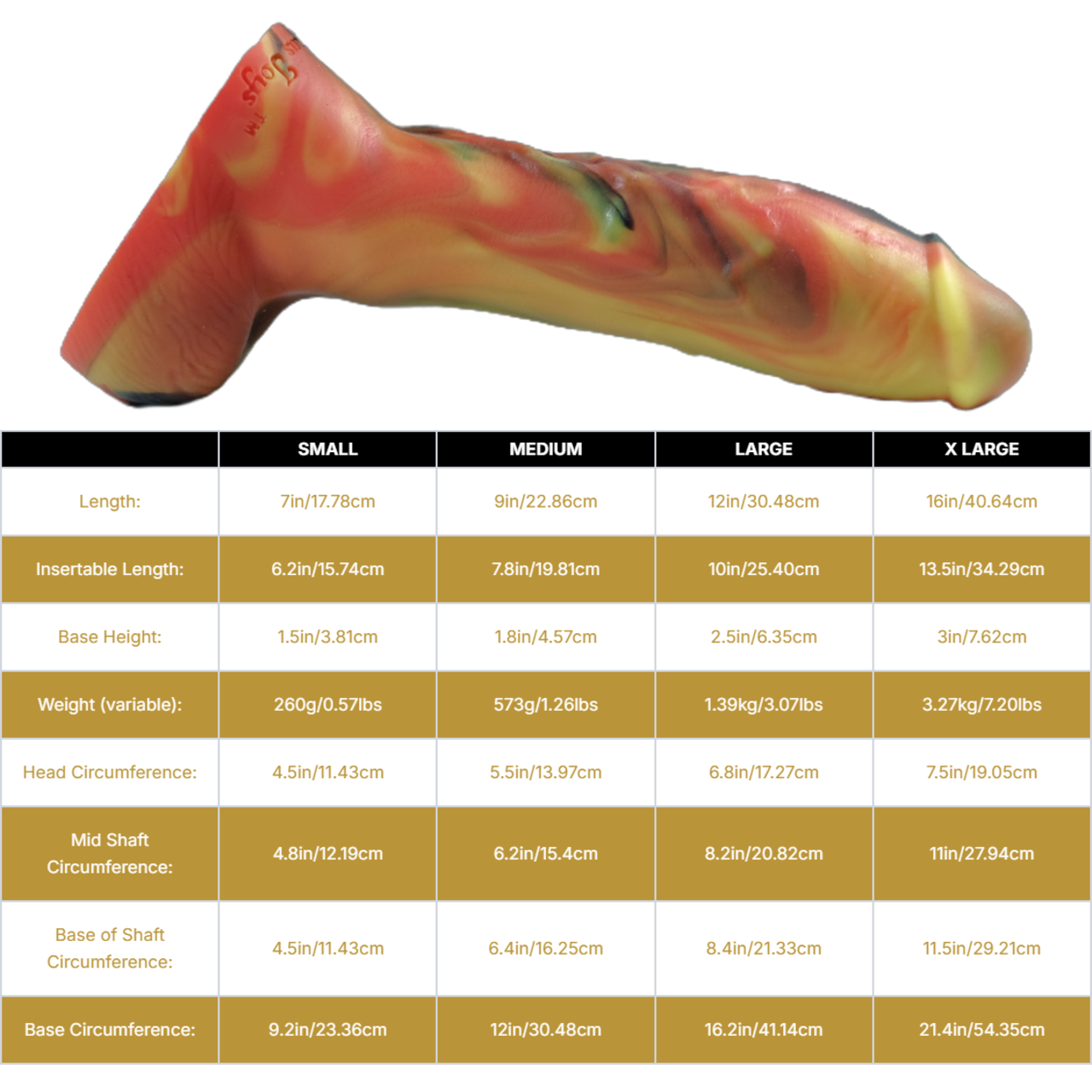 Sizing graph. Dimensions can be found in the "Dimensions" section below.