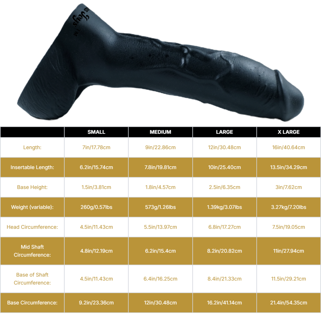 Sizing graph. Dimensions can be found in the "Dimensions" section below.