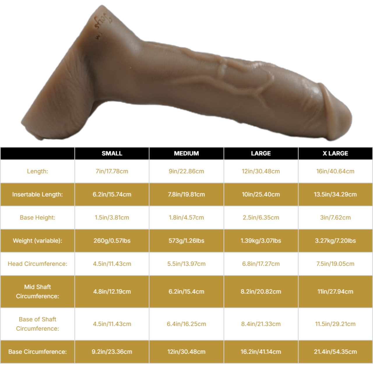 Sizing graph. Dimensions can be found in the "Dimensions" section below.