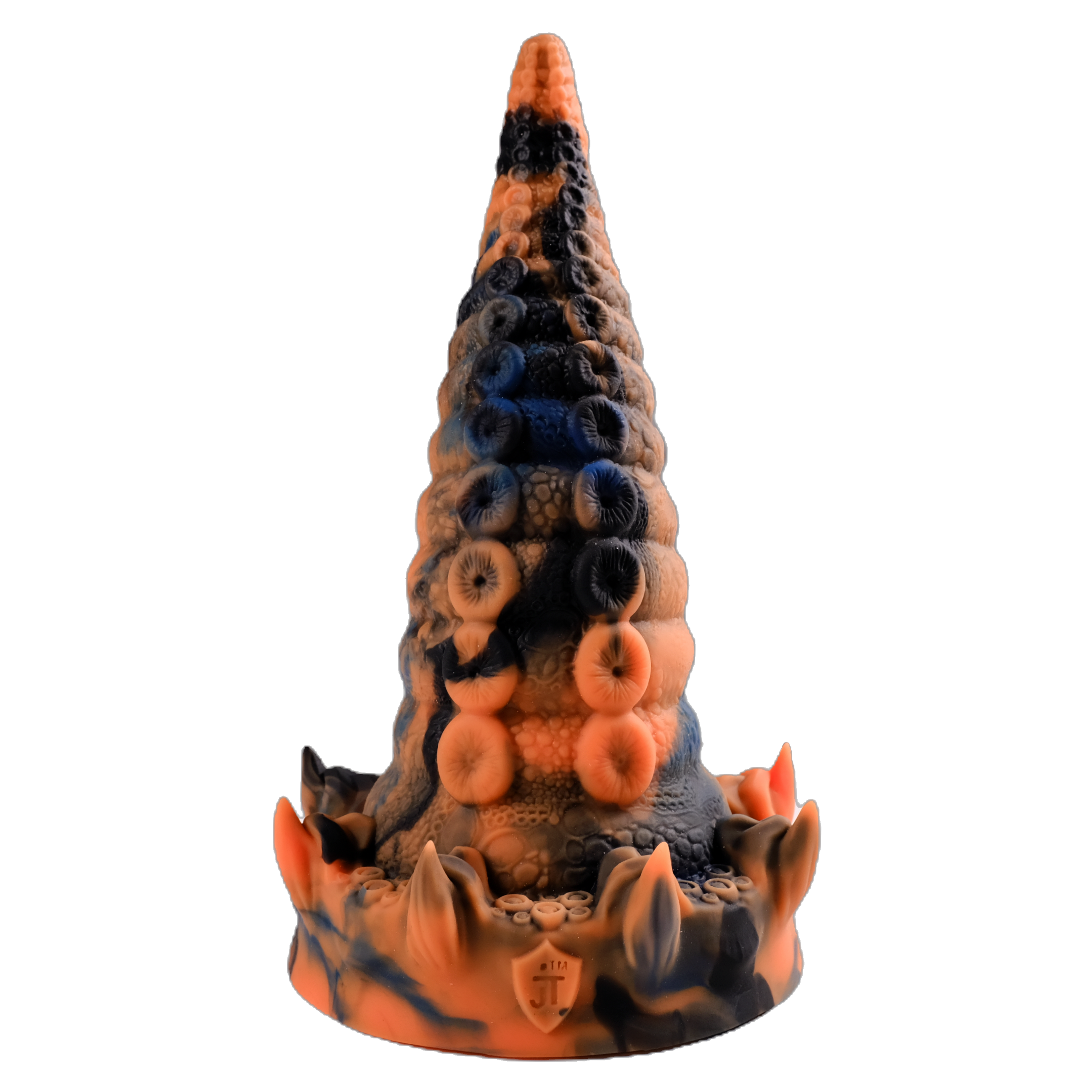 Cephalopod's Revenge, in Coral Embers (a blue, orange and black fusion). Image shows whole product, with the suckers facing towards you.