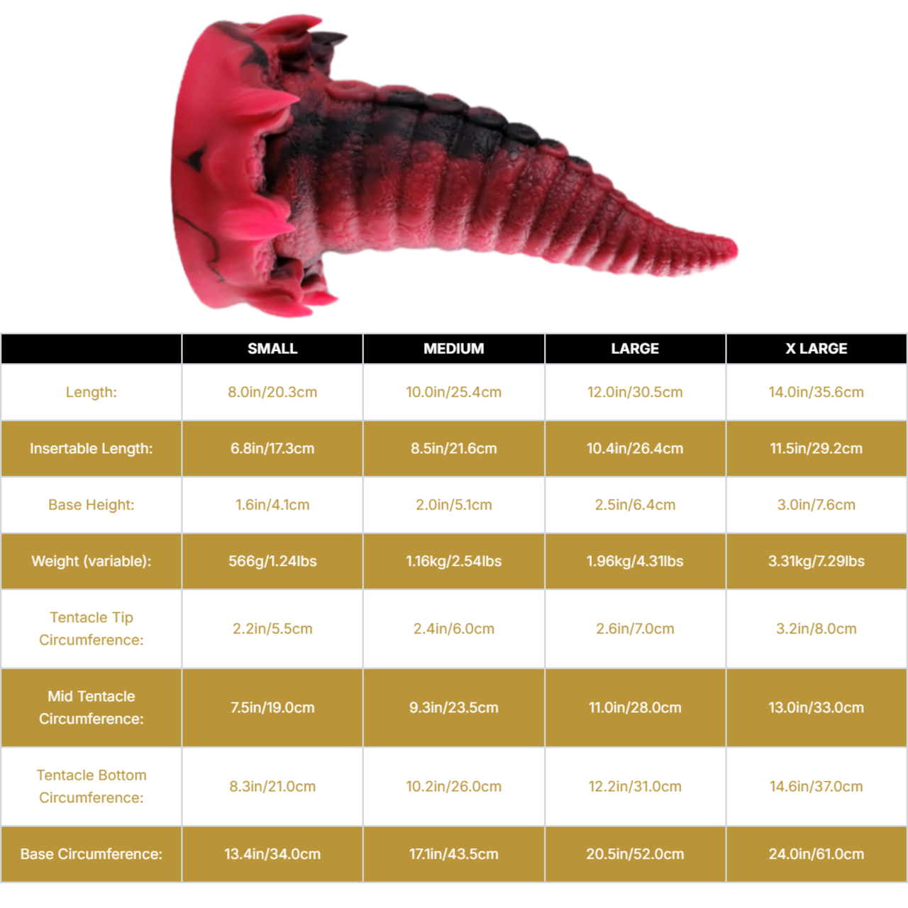 Sizing graph. Dimensions can be found in the "Dimensions" section below.