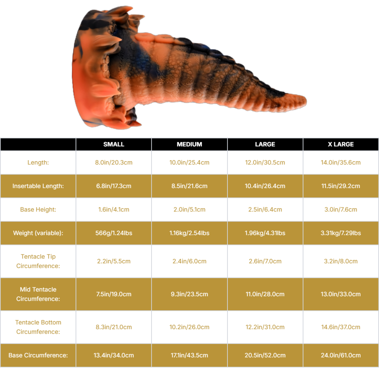 Sizing graph. Dimensions can be found in the "Dimensions" section below.