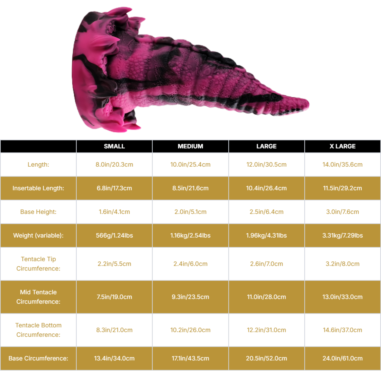 Sizing graph. Dimensions can be found in the "Dimensions" section below.