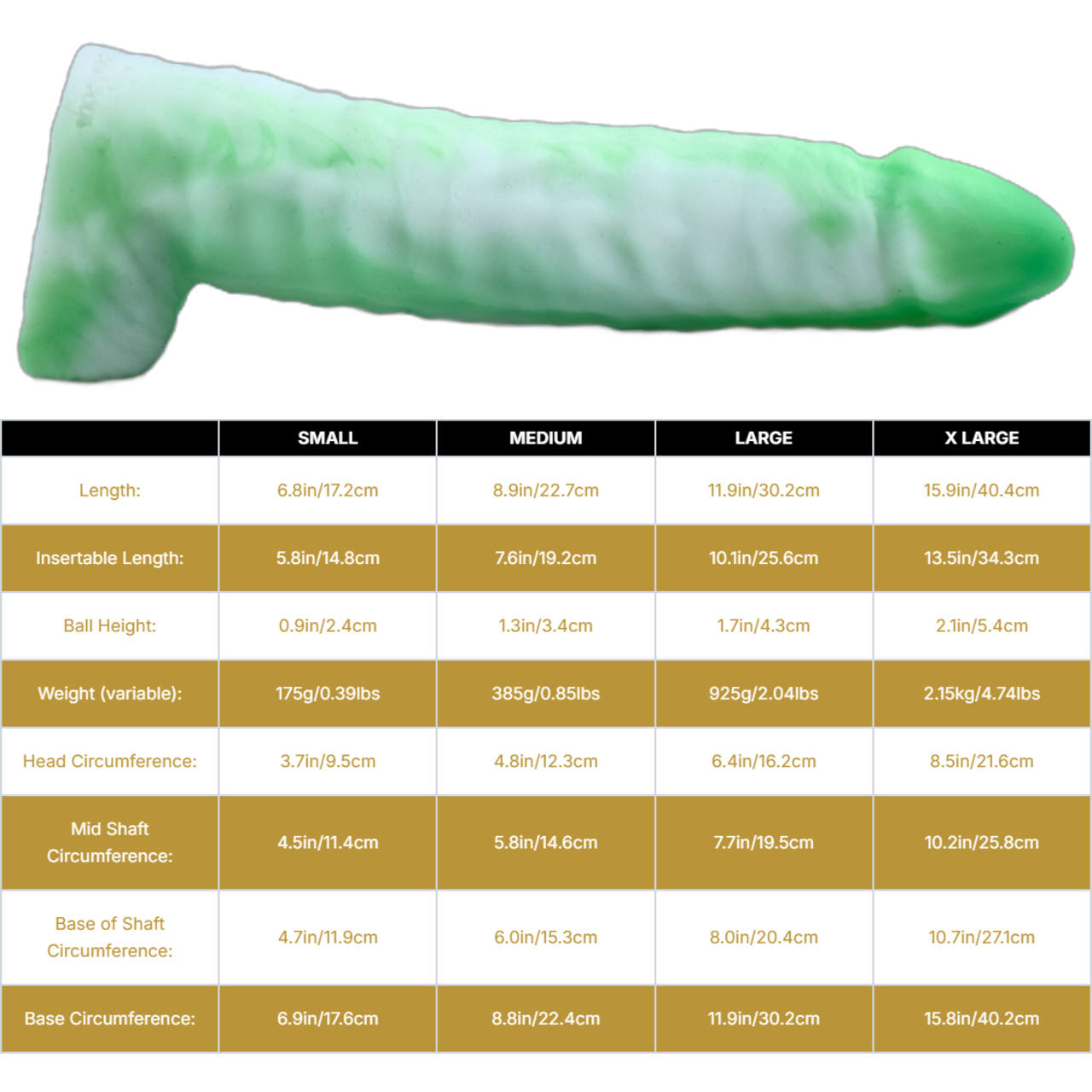 Sizing graph. Dimensions can be found in the "Dimensions" section below.