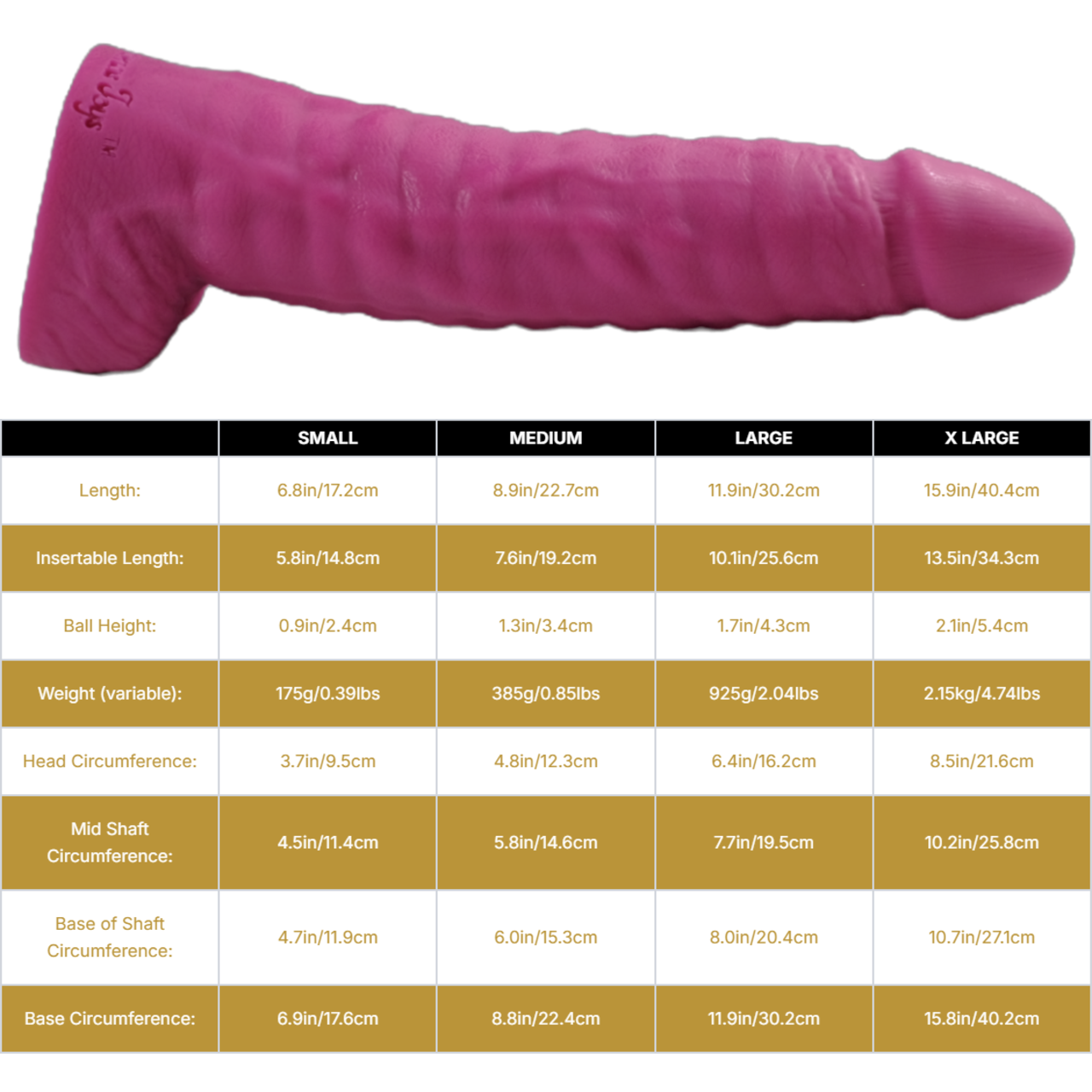 Sizing graph. Dimensions can be found in the "Dimensions" section below.