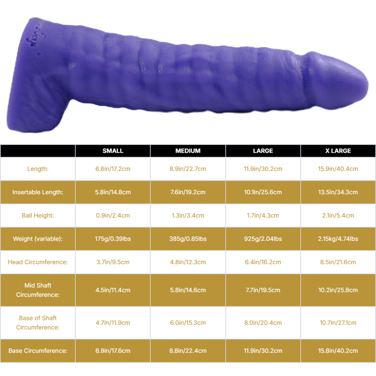 Sizing graph. Dimensions can be found in the "Dimensions" section below.