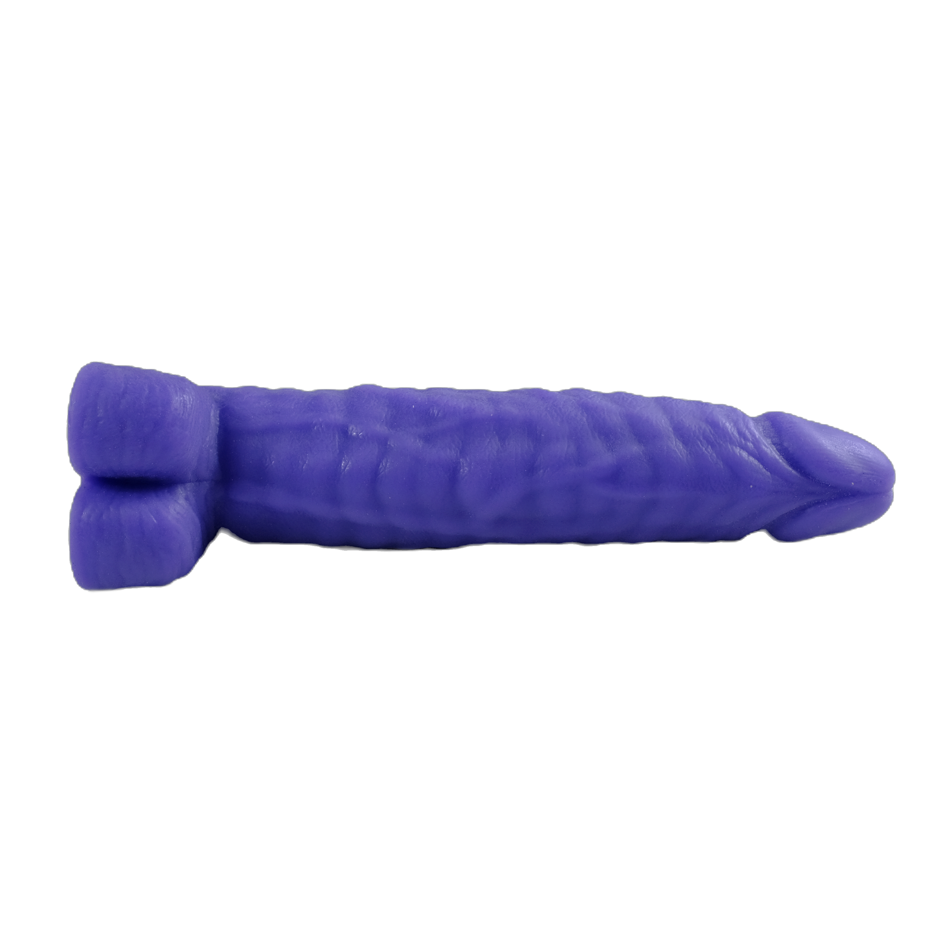 Chubby Cedric in Purple, laid down and showing the balls.