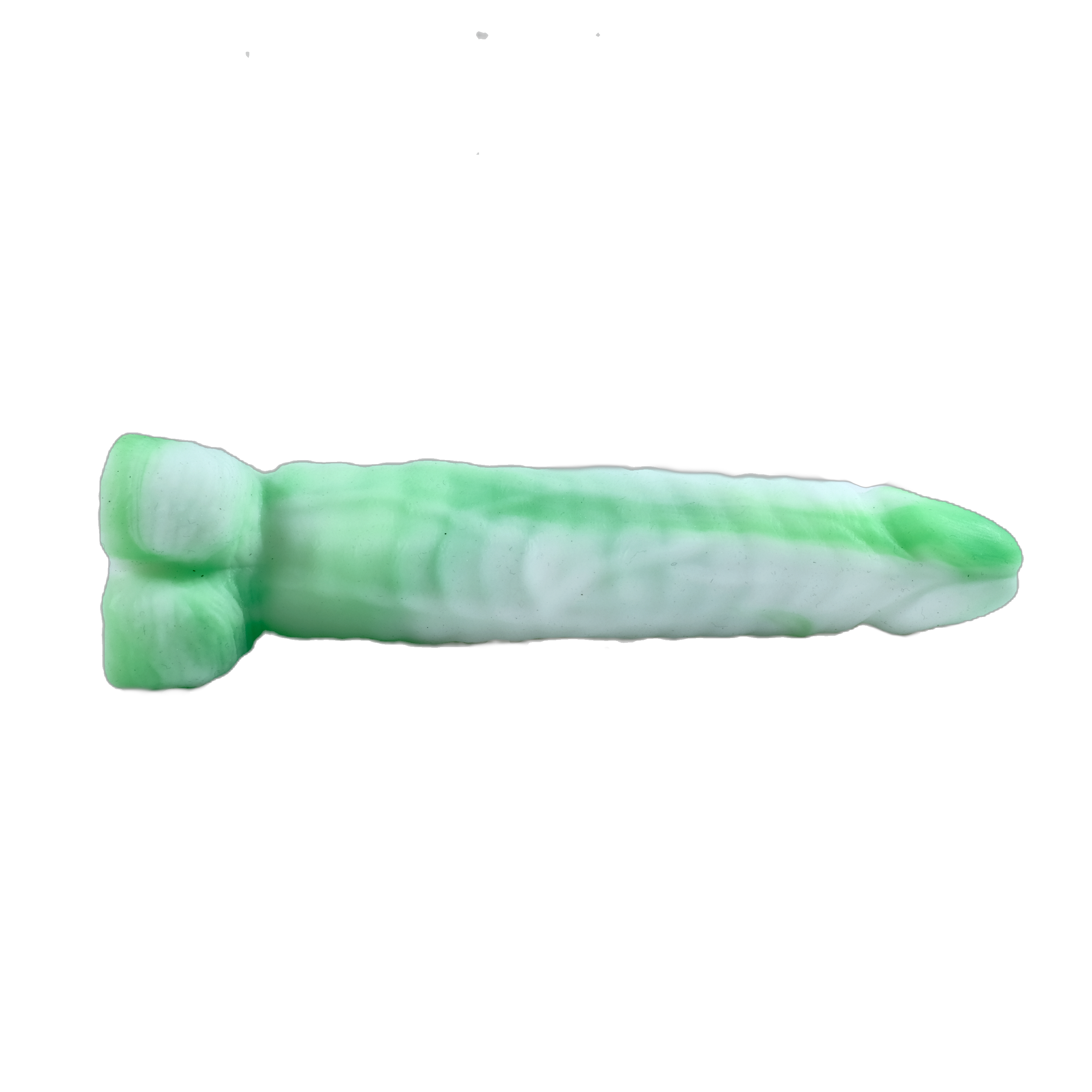 Chubby Cedric in Alba Mint (a white and light green fusion), laid down and showing the balls.