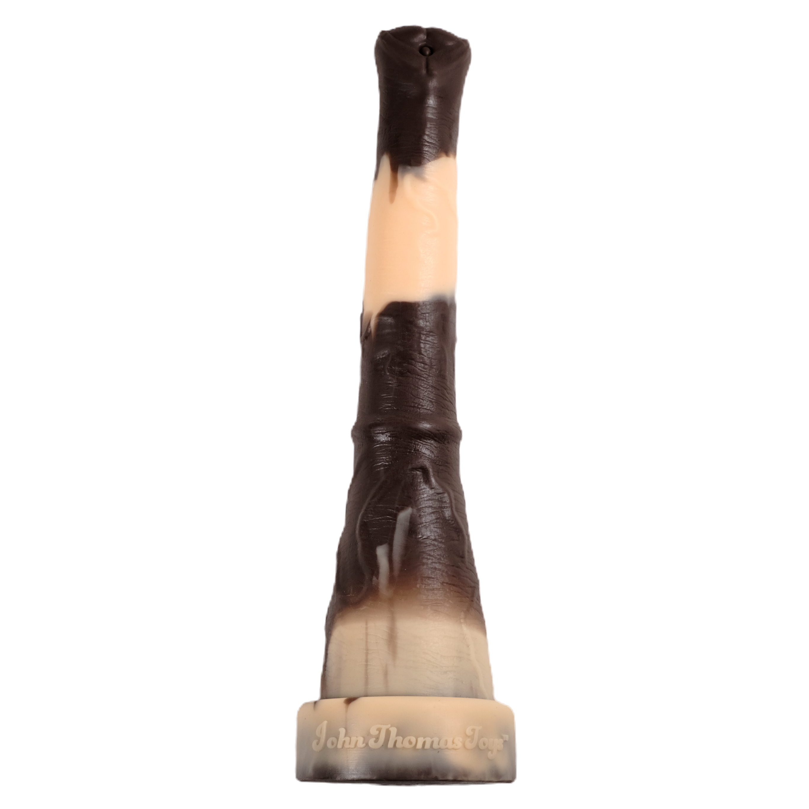 Donkey dong in Tiger (a beige and brown stacked fusion with drips between the layers). A realistic horse depth trainer dildo.