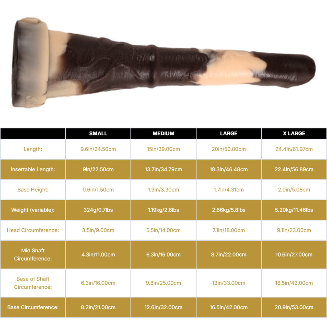 Sizing graph. Dimensions can be found in the "Dimensions" section below.