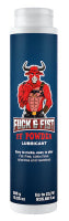 285g (10.05oz) pot of FF Powder. A tall white bottle with a semi-transparent lid, and a blue Fuck and Fist sticker that goes around the whole bottle. The brand mascot is on the front - a red bull wearing a chest harness and wearing nipple rings, while standing proud with a clenched fist and grinning provocatively.