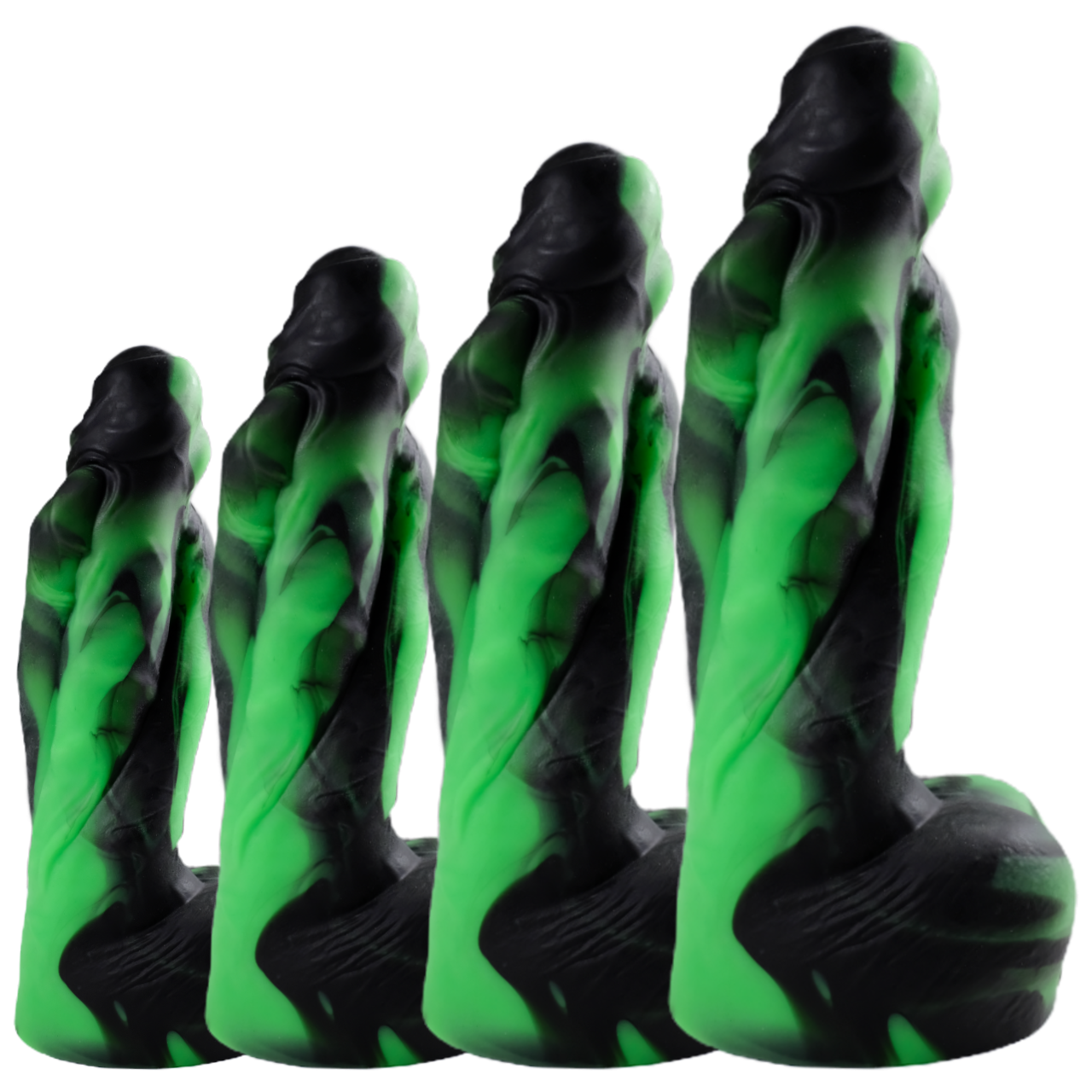 All four available sizes of Greedy Filler, in Poison Apple (a black and green fusion). Arranged small to extra large from left to right.
Greedy Filler is a set of three attached, intertwined realistic penises, with a ball base.