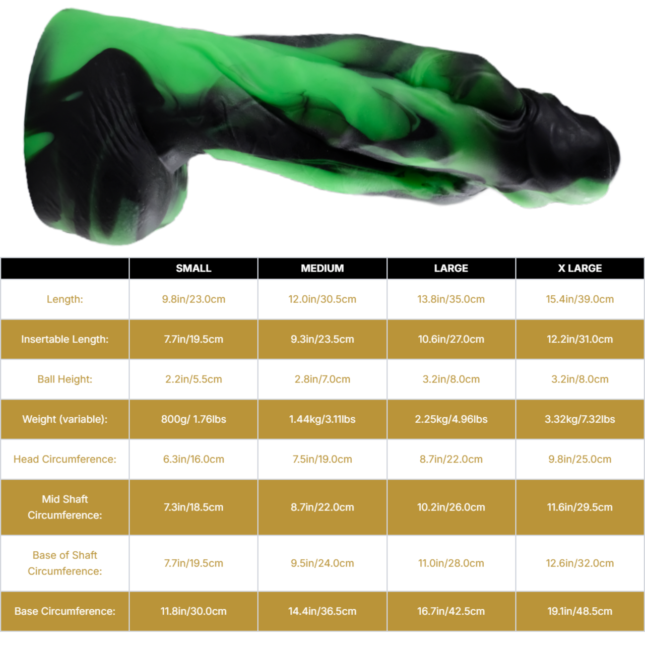 Sizing graph. Dimensions can be found in the "Dimensions" section below.
