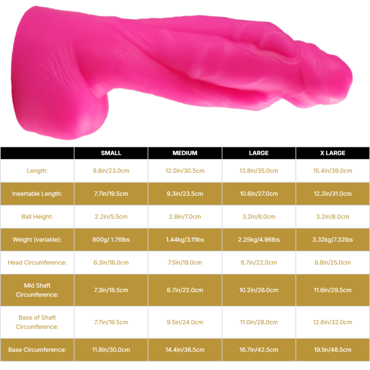 Sizing graph. Dimensions can be found in the "Dimensions" section below.