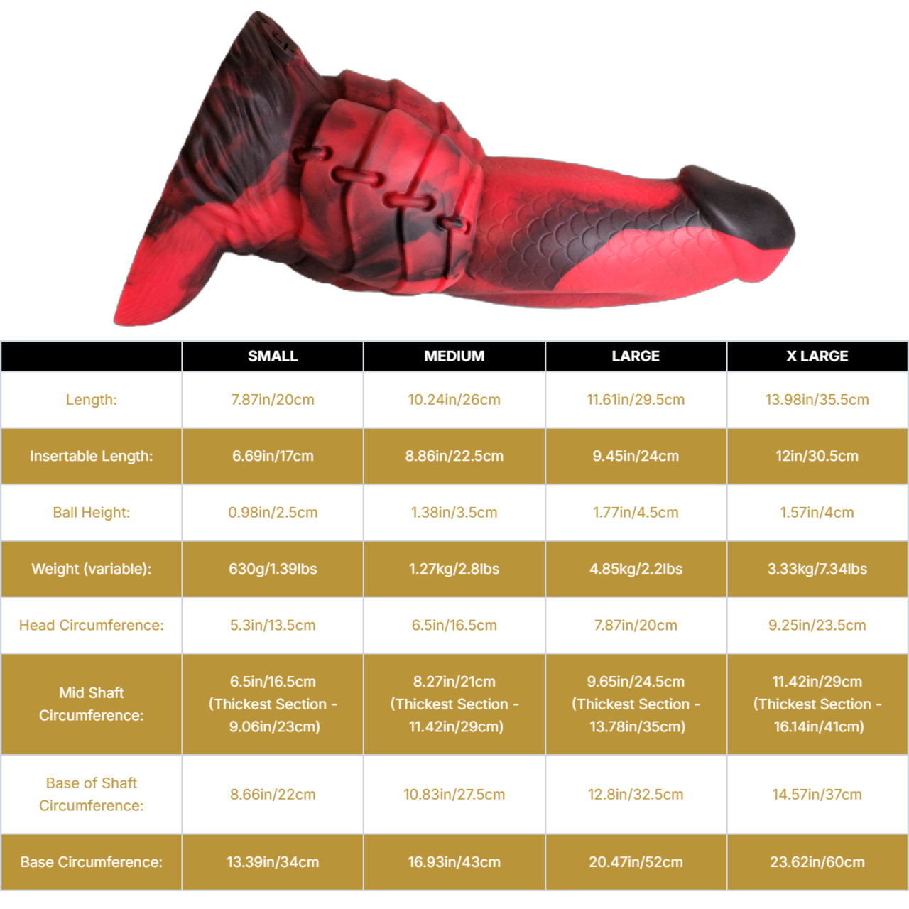 Sizing graph. Dimensions can be found in the "Dimensions" section below.