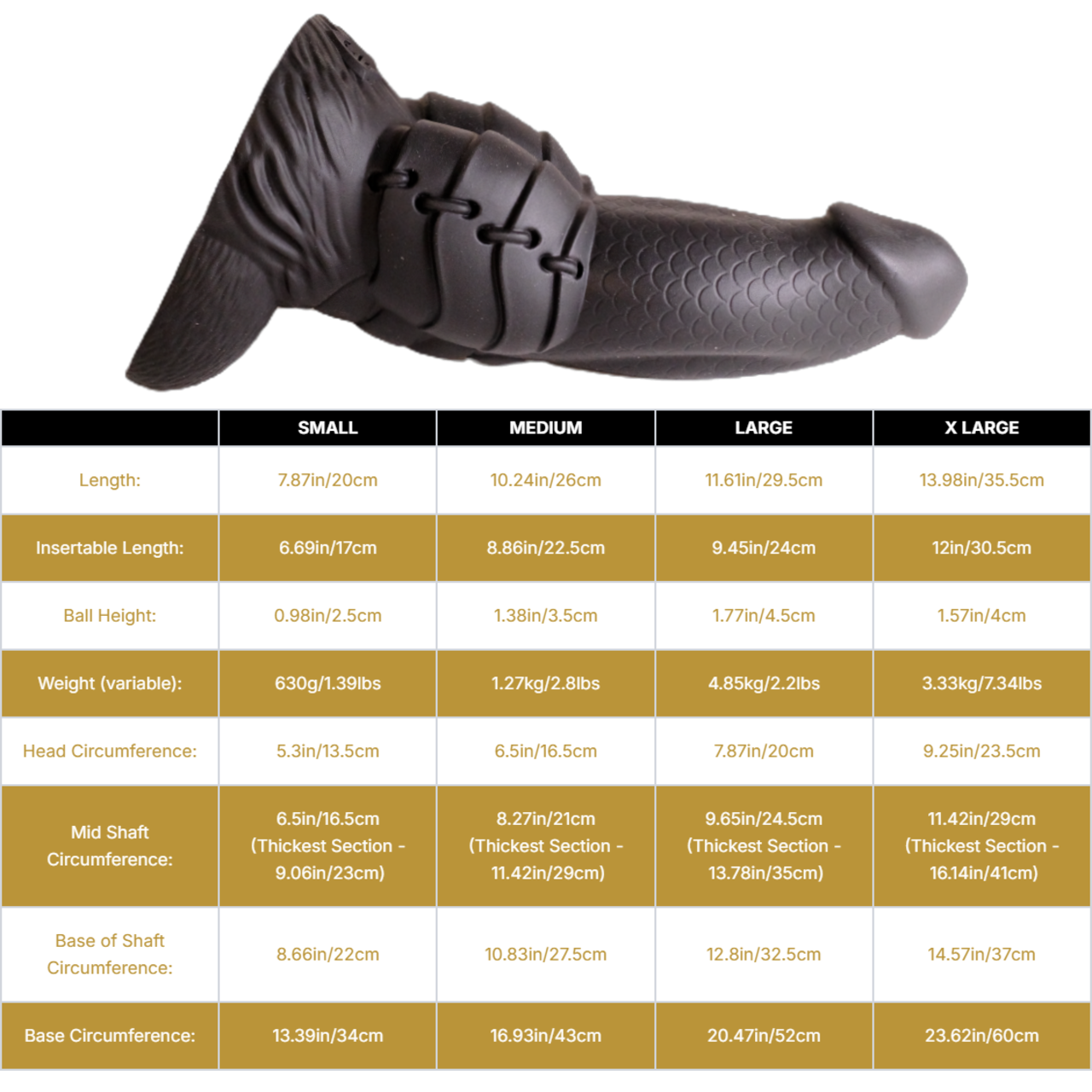 Sizing graph. Dimensions can be found in the "Dimensions" section below.