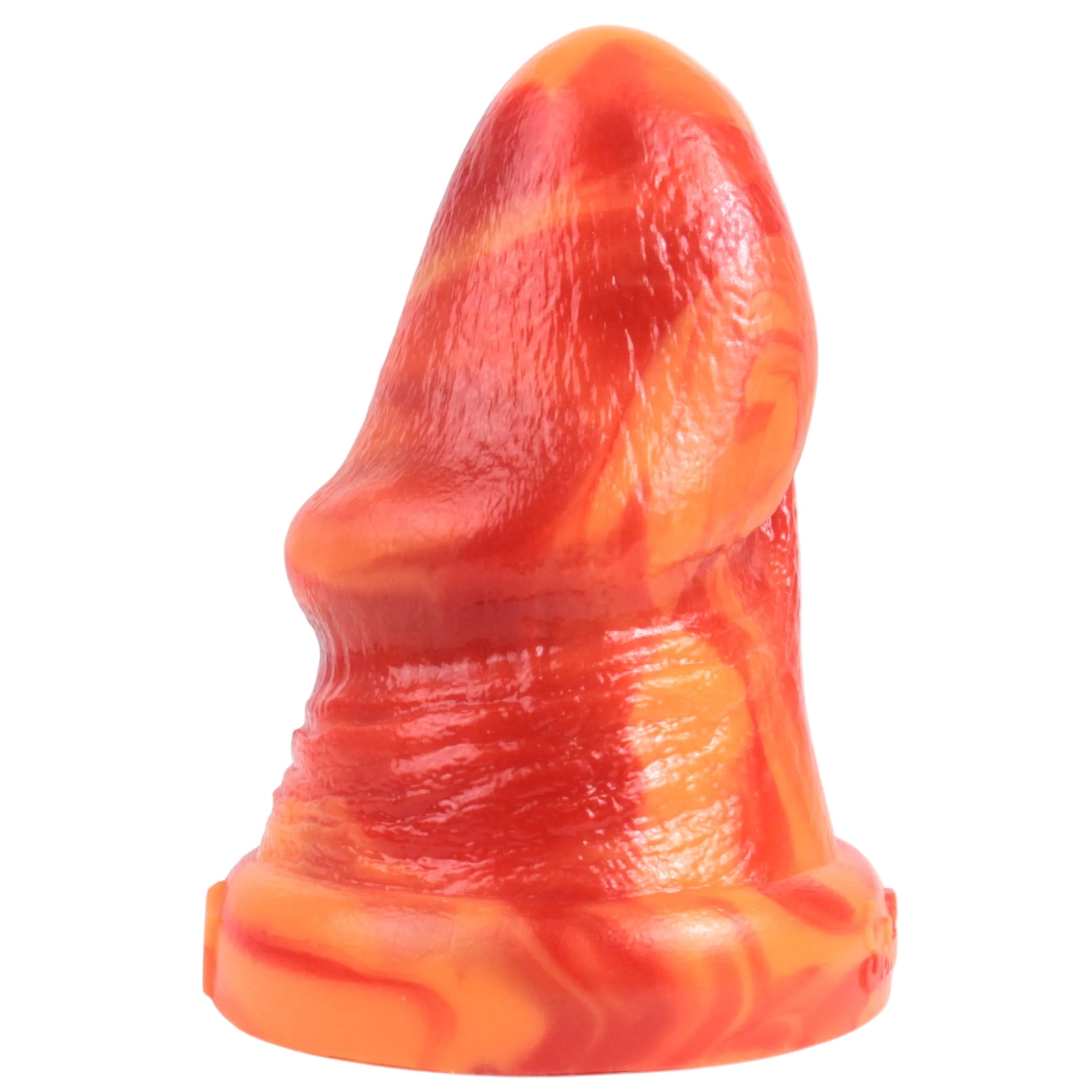 Bell End in Desire (orange and red fusion), showing the side of the toy with the frenulum facing the right.