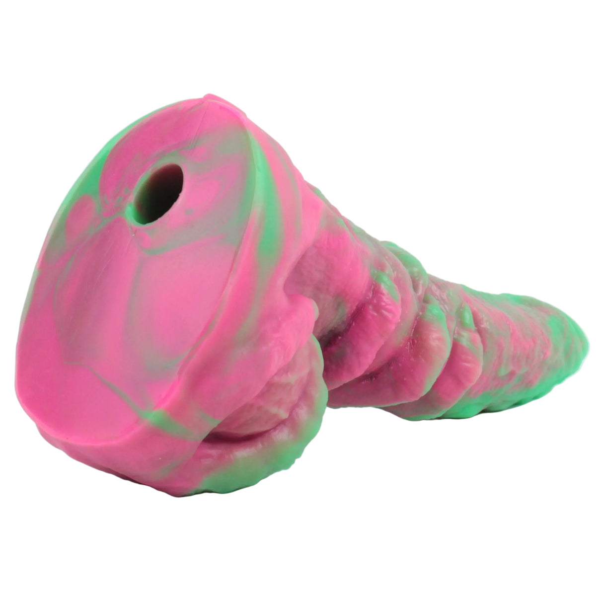 Pink and green Omen's Vac-u-lock compatible hole at the base of the toy.