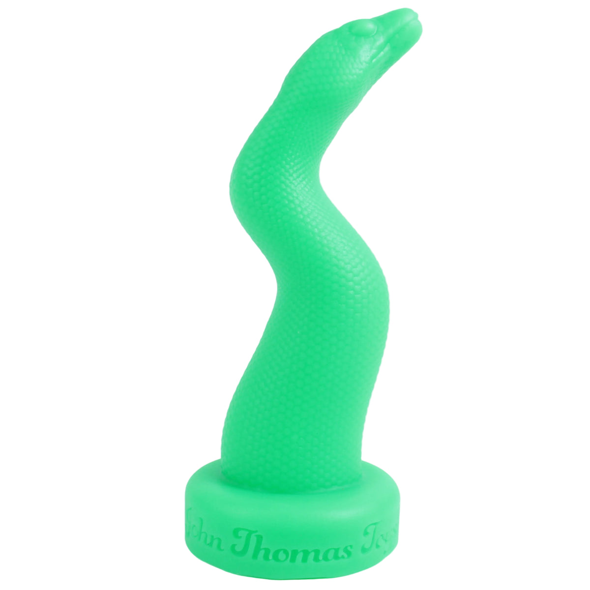 The Snake: Platinum Silicone Dildo by John Thomas Toys in Apple Green colour. A snake design with detailed scales, two pronounced bends and a flared base.