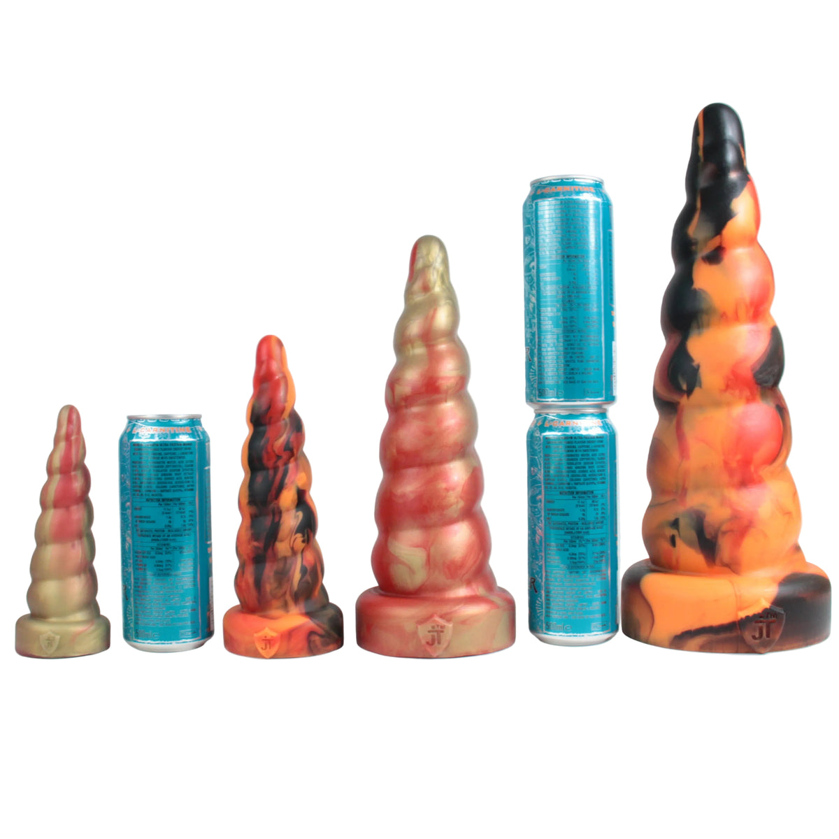 Size comparison of the four sizes of Curly Twirly. There are standard energy drink tins between the toys to provide a scale. Size Small is slightly taller than one drink tin, while Extra Large is roughly two and a third drink tins tall.