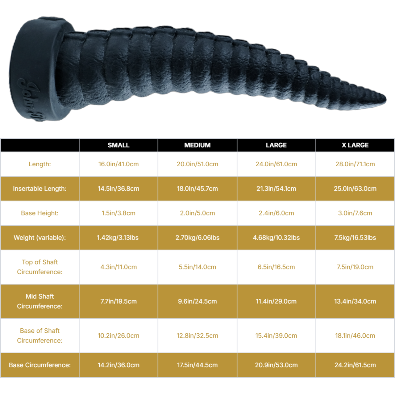 Sizing graph. Dimensions can be found in the "Dimensions" section below.