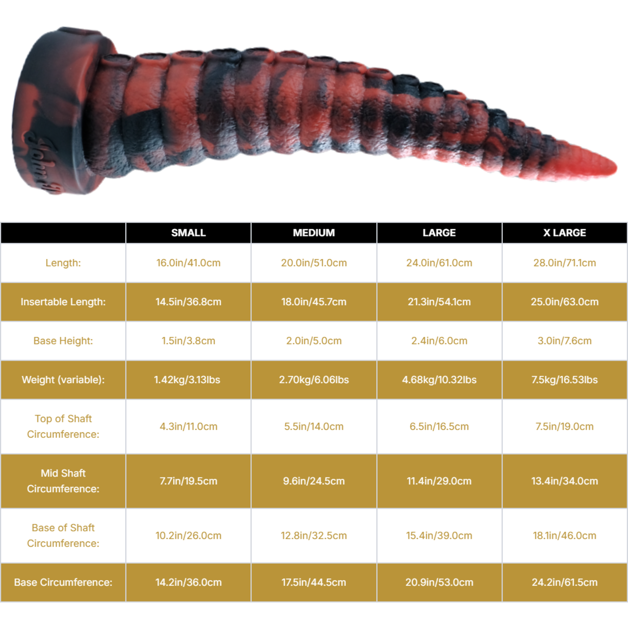 Sizing graph. Dimensions can be found in the "Dimensions" section below.