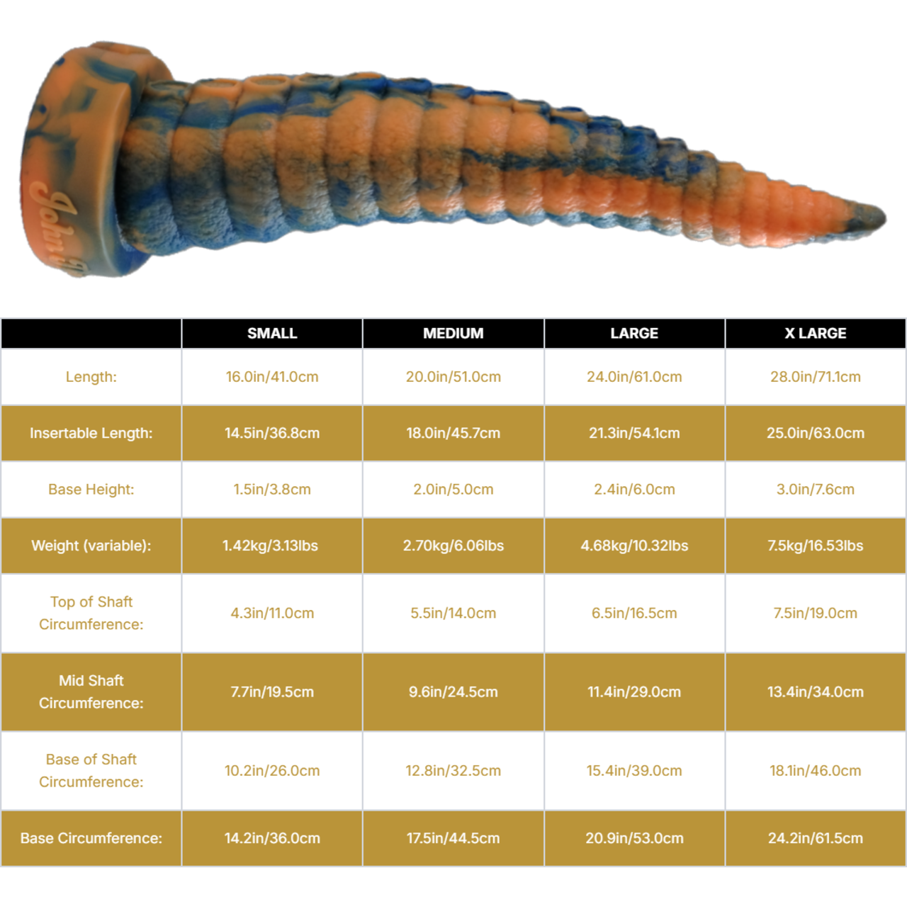 Sizing graph. Dimensions can be found in the "Dimensions" section below.