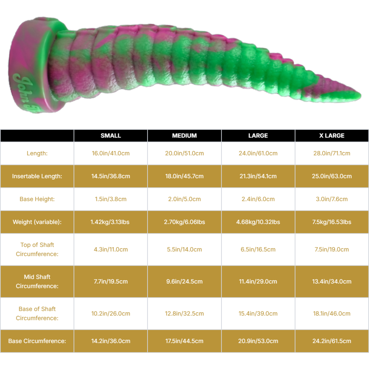 Sizing graph. Dimensions can be found in the "Dimensions" section below.