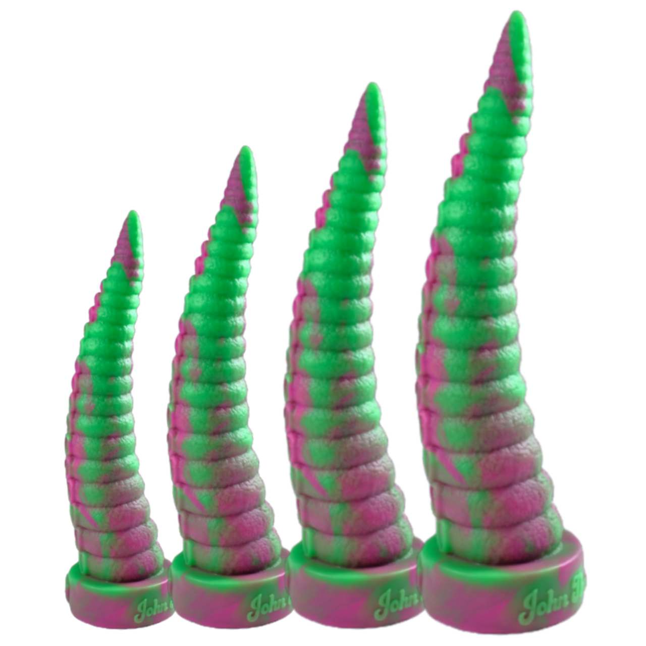 All four available sizes of Kraken's Tentacle, in Posy (a green and pink fusion). Arranged small to extra large from left to right.
Kraken's Tentacle is a tentacle-themed depth training dildo with suckers along one side.